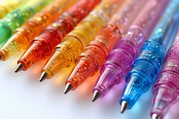 Obraz premium Colorful Liquid-Filled Pens Arranged in a Row on a White Surface