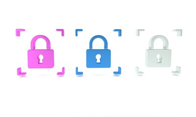 Colorful Fingerprint with lock icon isolated on white background. ID app icon. Identification sign. Touch id. Minimalism concept. 3D render illustration