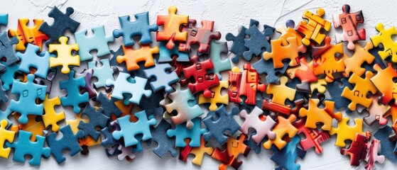 white background White area in the center of the image Piles of colorful jigsaw puzzles scattered everywhere. They come in different shapes and sizes to show diversity.