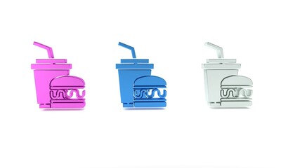 Colorful Paper glass with drinking straw and burger icon isolated on white background. Soda aqua drink sign. Hamburger, cheeseburger sandwich. Minimalism concept. 3D render illustration