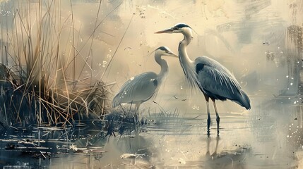 Naklejka premium Two great blue herons stand in a marsh at dawn, with the water reflecting the soft light of the rising sun