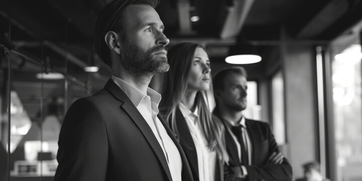 A businessman stands with two women, likely colleagues or clients, in a professional setting