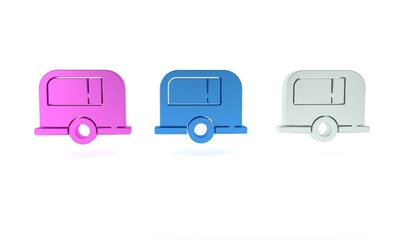 Colorful Rv Camping trailer icon isolated on white background. Travel mobile home, caravan, home camper for travel. Minimalism concept. 3D render illustration