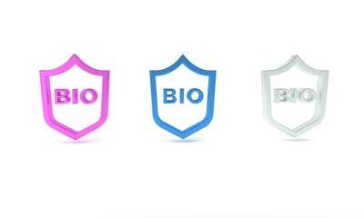 Colorful Shield for bio green healthy food icon isolated on white background. Organic product. Healthy food sticker. Minimalism concept. 3D render illustration