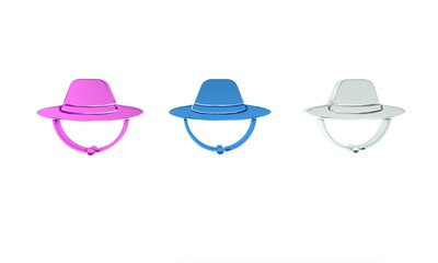 Colorful Camping hat icon isolated on white background. Beach hat panama. Explorer travelers hat for hunting, hiking, tourism. Minimalism concept. 3D render illustration