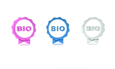 Colorful Banner, label, tag, logo for bio green healthy food icon isolated on white background. Organic product. Healthy food sticker. Minimalism concept. 3D render illustration