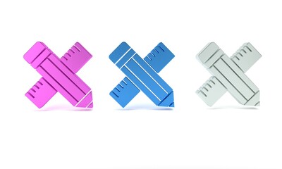 Colorful Crossed ruler and pencil icon isolated on white background. Straightedge symbol. Drawing and educational tools. Minimalism concept. 3D render illustration