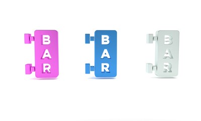 Colorful Street signboard with inscription Bar icon isolated on white background. Suitable for advertisements bar, cafe, restaurant. Minimalism concept. 3D render illustration