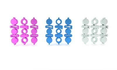 Colorful Grilled shish kebab on skewer stick icon isolated on white background. Meat kebab on skewer stick. Picnic with grilled meat. Minimalism concept. 3D render illustration