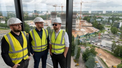 Three construction workers stand in an office building overlooking a large urban development site. They are wearing white hard hats and yellow safety vests