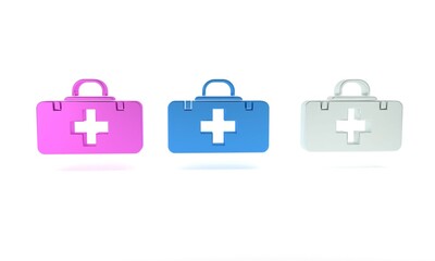 Colorful First aid kit icon isolated on white background. Medical box with cross. Medical equipment for emergency. Healthcare concept. Minimalism concept. 3D render illustration