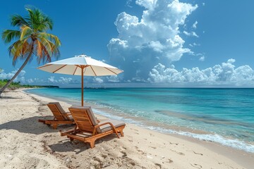 Obraz premium Beach relaxation: Lounge chairs, umbrella, and tropical view