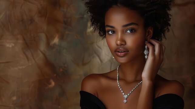 A stunning portrait of a woman wearing elegant diamond jewelry, featuring a necklace and earrings. 