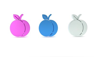 Colorful Peach fruit or nectarine with leaf icon isolated on white background. Minimalism concept. 3D render illustration