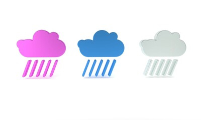 Colorful Cloud with rain icon isolated on white background. Rain cloud precipitation with rain drops. Minimalism concept. 3D render illustration
