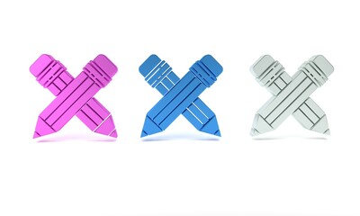 Colorful Crossed pencil with eraser icon isolated on white background. Drawing and educational tools. School office symbol. Minimalism concept. 3D render illustration