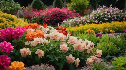 Fototapeta premium Vibrant flowers in full bloom in manicured gardens
