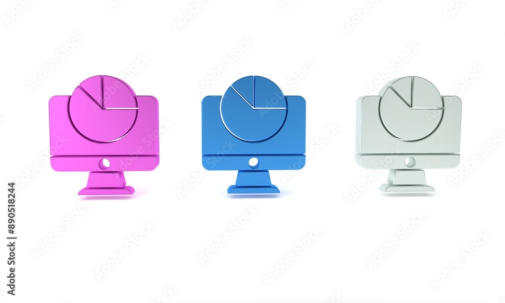 Poster colorful computer monitor with graph chart icon isolated on white background. report text file. acco