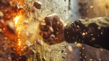 Construction worker breaking through concrete wall with bare fist