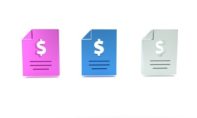 Colorful Contract money icon isolated on white background. Banking document dollar file finance money page. Minimalism concept. 3D render illustration