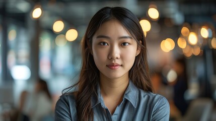 Obraz premium A woman with long dark hair and a blue shirt is standing in a restaurant