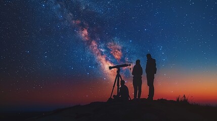Obraz premium Three silhouetted figures stand under a star-filled night sky, gazing at the Milky Way. One uses a telescope. Blues, oranges, and a red glow paint the horizon