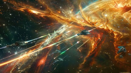 A sentient nebula defending its territory against intruding starships with energy tendrils and gravitational disturbances.