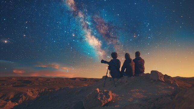 Three friends are silhouetted against a breathtaking night sky, filled with stars and the Milky Way, while looking at the sky through a telescope
