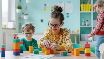 A girl with Autism Spectrum Disorder, sharing a toy with a friend, both smiling and interacting