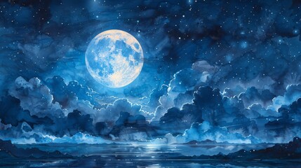 watercolor background of night sky with moon