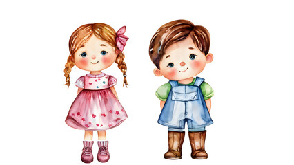 Set of watercolor children's book characters elements set isolated on transparent background, decoration clip art mock up