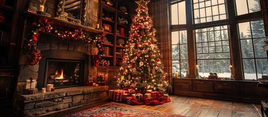 A Cozy Christmas Interior With a Christmas Tree and Fireplace