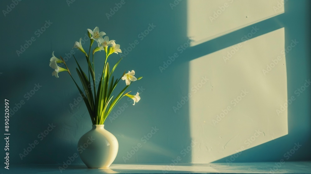 Poster white freesias in a vase on a table, illuminated by sunlight streaming through a window