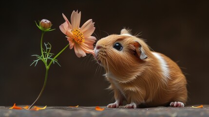 A brown and white guinea pig with black eyes is sniffing a pink Cosmos flower
