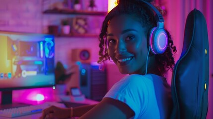 A woman is sitting in front of a computer with a smile on her face