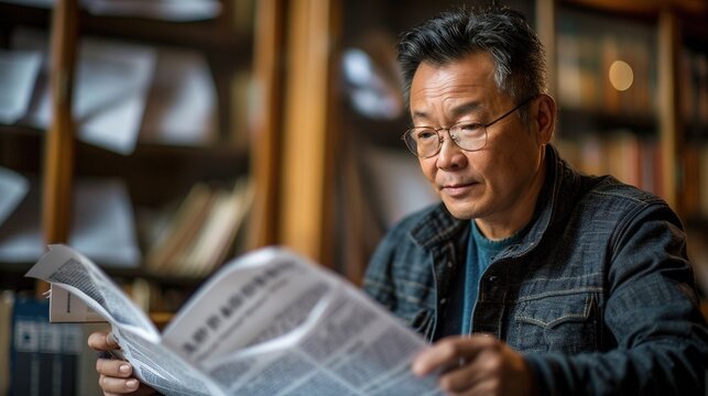 A man is reading a newspaper in a library