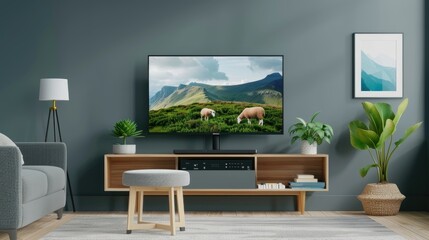 A modern living room with a flat screen television on a stand displaying a landscape scene with sheep grazing