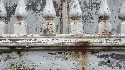 Weathered White Wooden Fence with Peeling Paint.