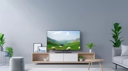 A modern living room with a flat screen television on a stand displaying a landscape scene with sheep grazing