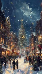Obraz premium Festive Christmas street scene with decorated tree, illuminated buildings, snowfall, and people enjoying the holiday atmosphere.