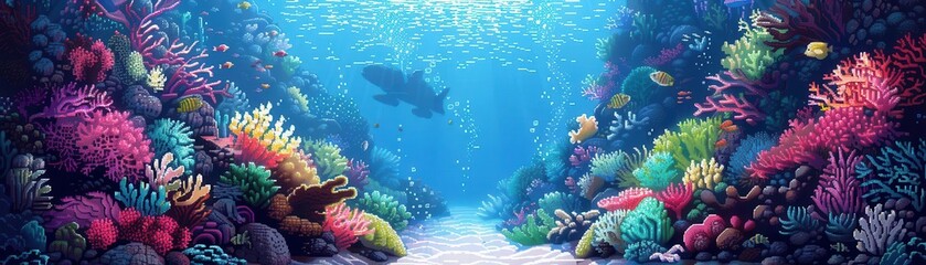 Vibrant underwater coral reef scene with various colorful corals and a silhouetted shark swimming in the background.