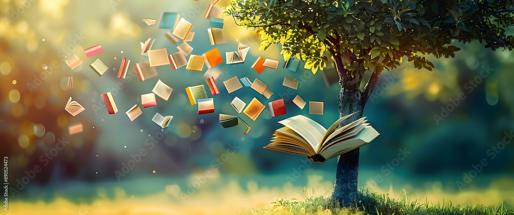 Wall mural International literacy day concept with tree with books like leaves