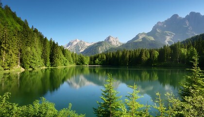 Fototapeta premium A calm lake surrounded by a lush green forest with snow-capped mountains in the distance.