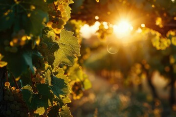Golden hour sunlight filters through grapevines, casting a warm glow on the vineyard.