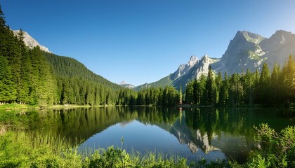 A calm lake surrounded by a lush green forest with snow-capped mountains in the distance.