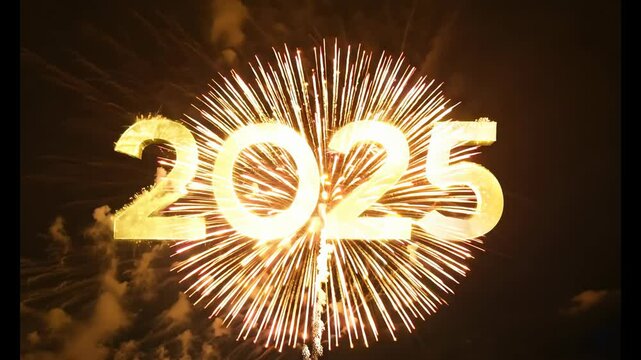 Happy New Year 2025. Fireworks and the year 2025 on a dark background.
