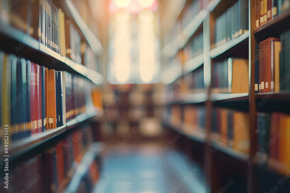 Poster blurred view of an empty college library interior, featuring abstract defocused bookshelves, ideal f