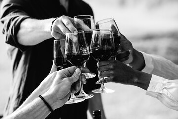 Black and white image of friends toasting with red wine glasses, symbolizing celebration and togetherness