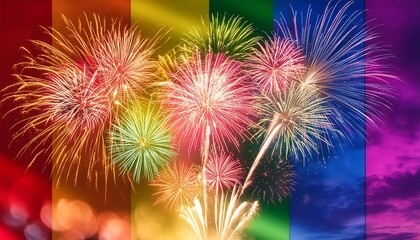 A colorful fireworks display exploding in the night sky, with a large rainbow flag flying in the background.