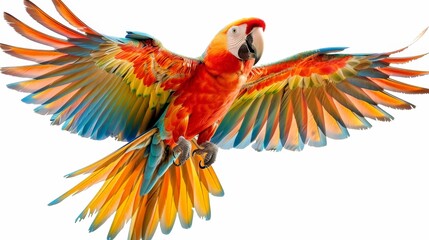 Obraz premium A scarlet macaw with bright red, yellow, and blue feathers flies with its wings fully extended against a white background